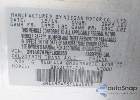 2015 Nissan Sentra Fe+ S/S/Sl/Sr/Sv из США, поврежденный, VIN 3N1AB7AP5FL630260